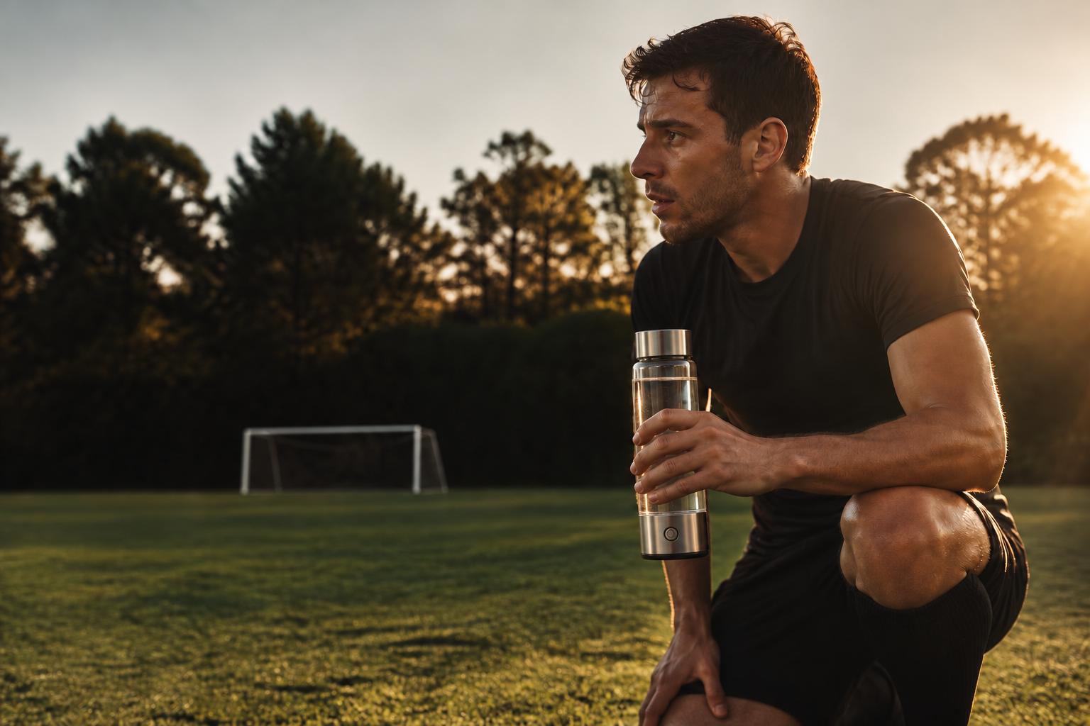 Jogador anónimo numa pausa do treino com a garrafa AQUORA